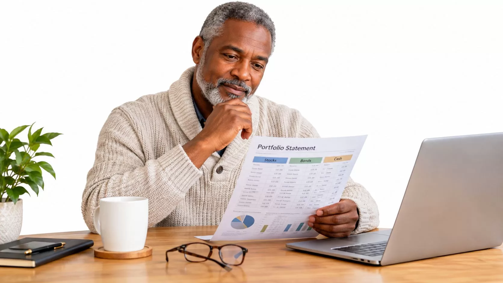 A mature man reviewing his portfolio statement on paper while sitting at his desk with a laptop.