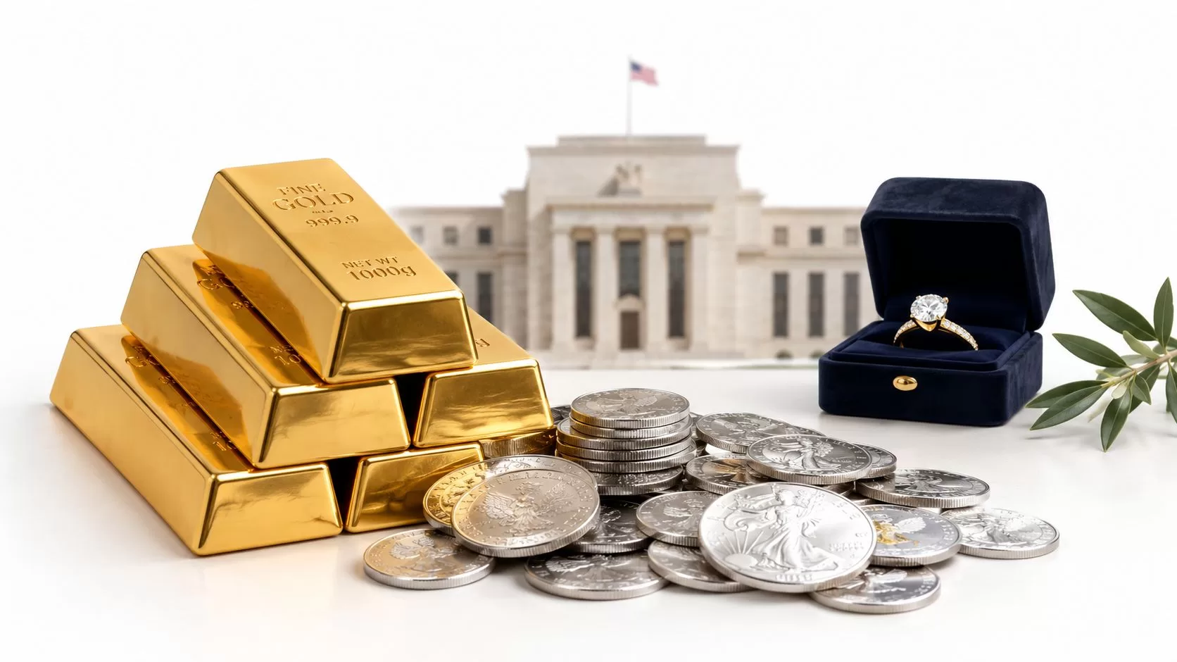 Gold bars, silver coins, and a diamond ring placed in front of the Federal Reserve building.
