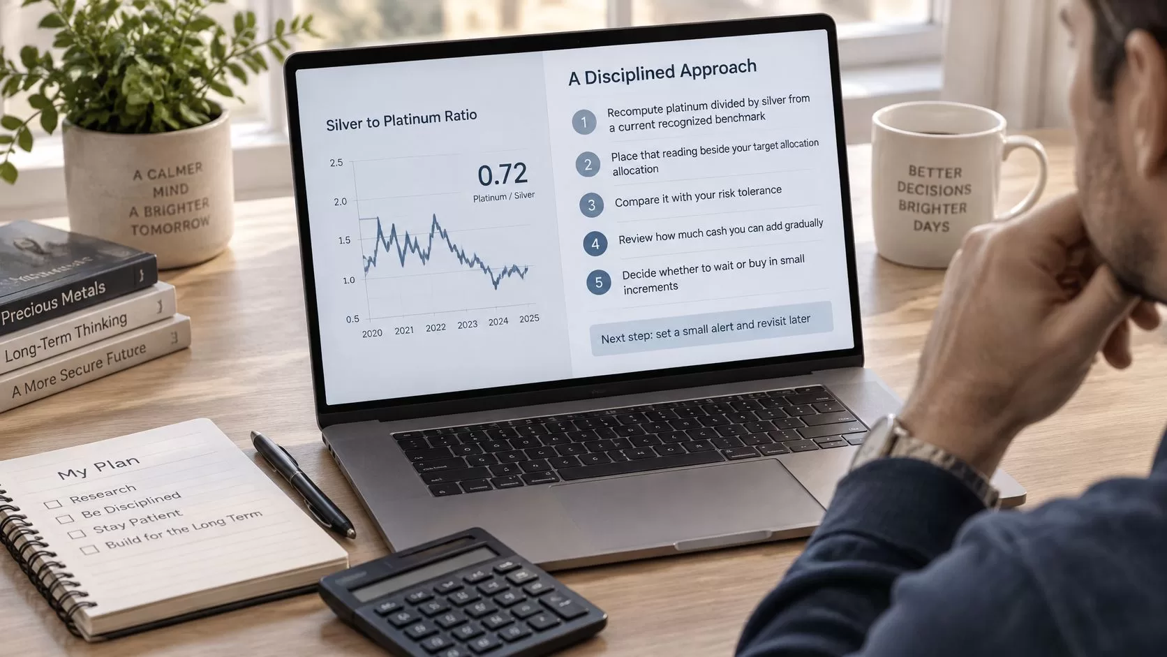 A person views a silver to platinum ratio financial chart on a laptop screen at a desk.