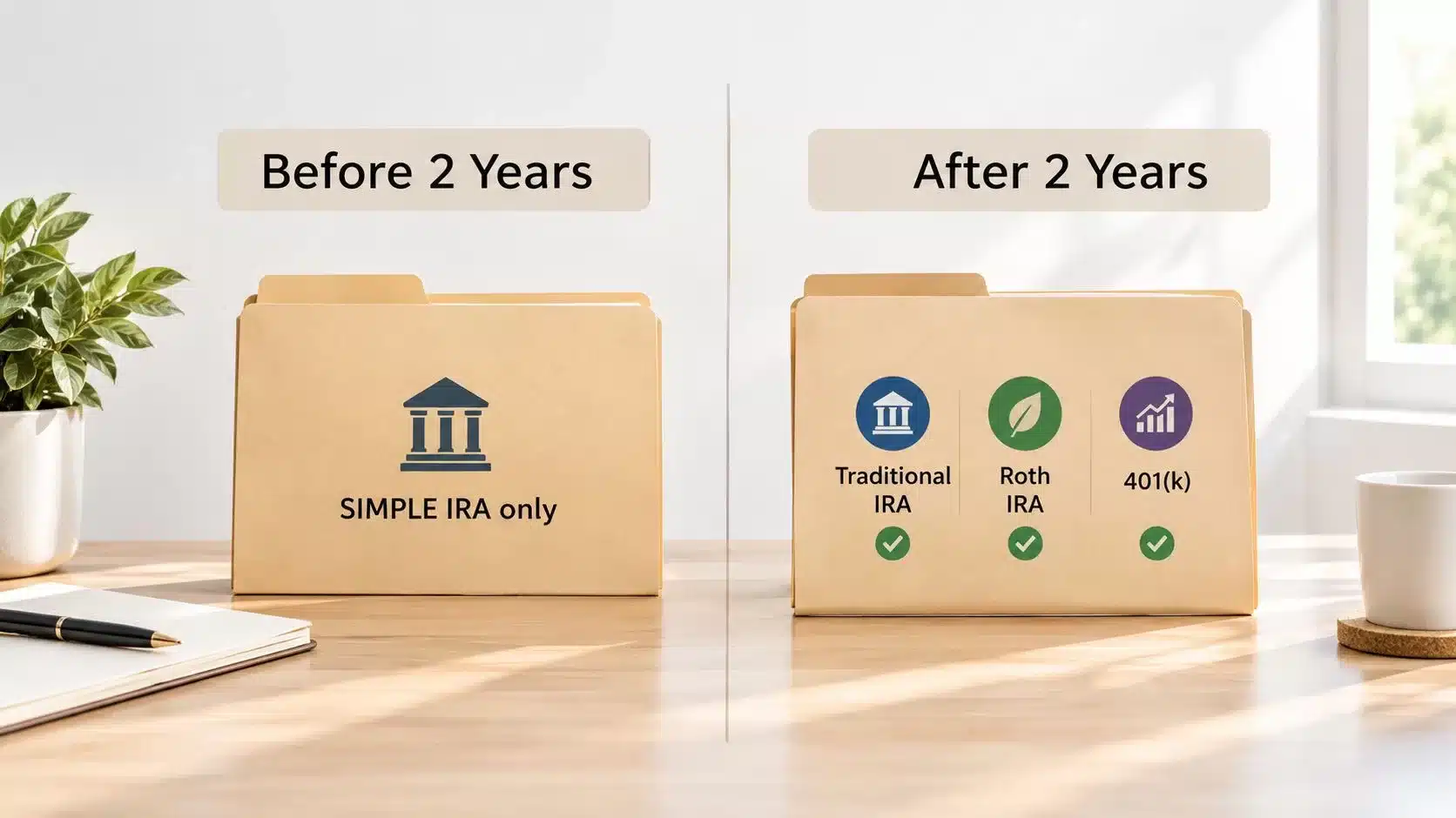 A split image showing SIMPLE IRA rollover rules before and after a two-year waiting period.