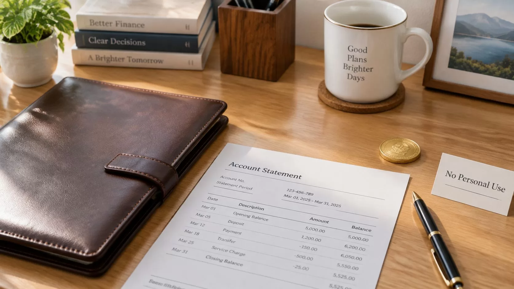 An organized desk surface featuring an account statement, a leather planner, books, a coffee mug, and a pen.