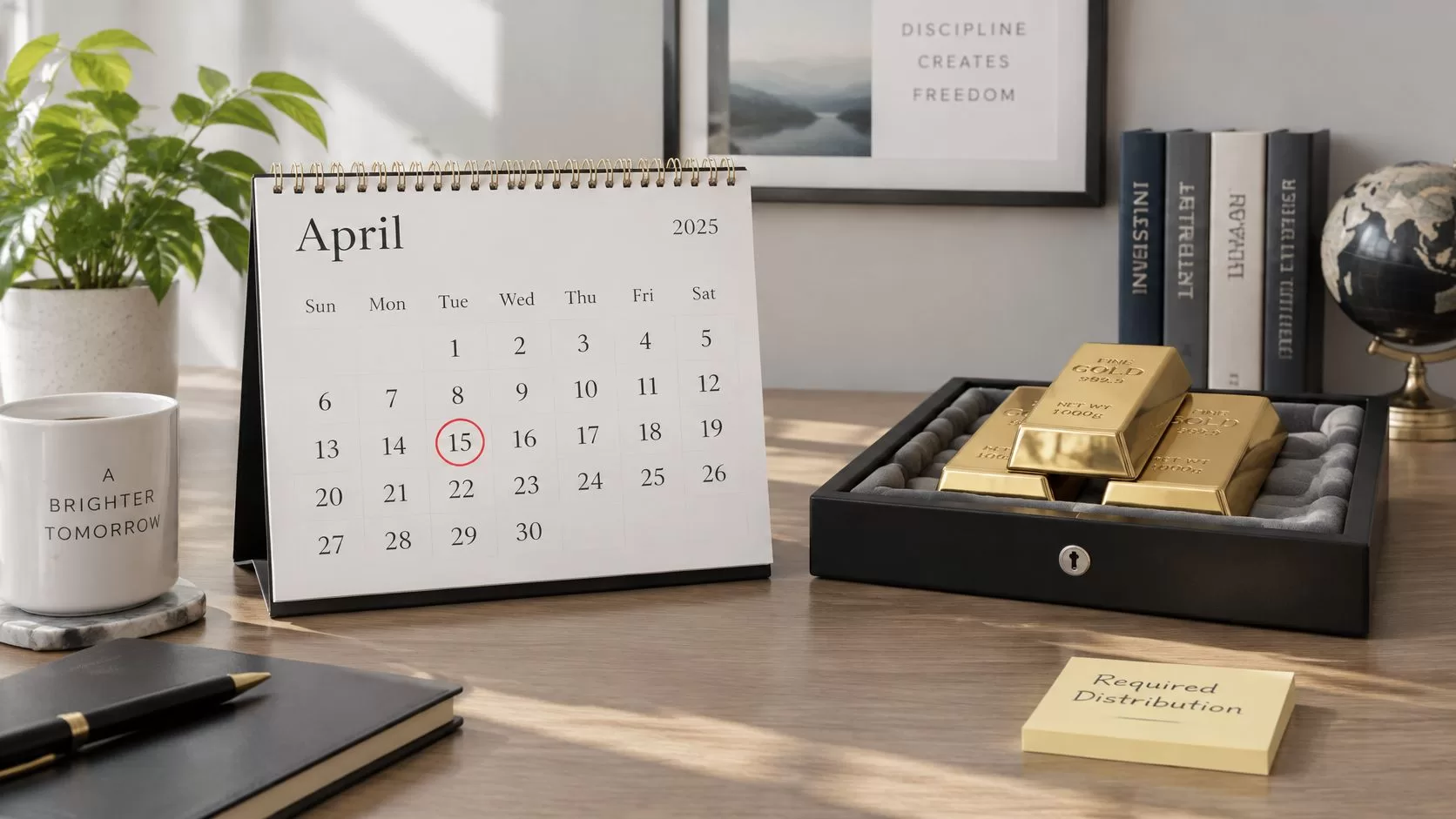 A desktop calendar marked on April 15th surrounded by gold bars and financial planning office supplies.