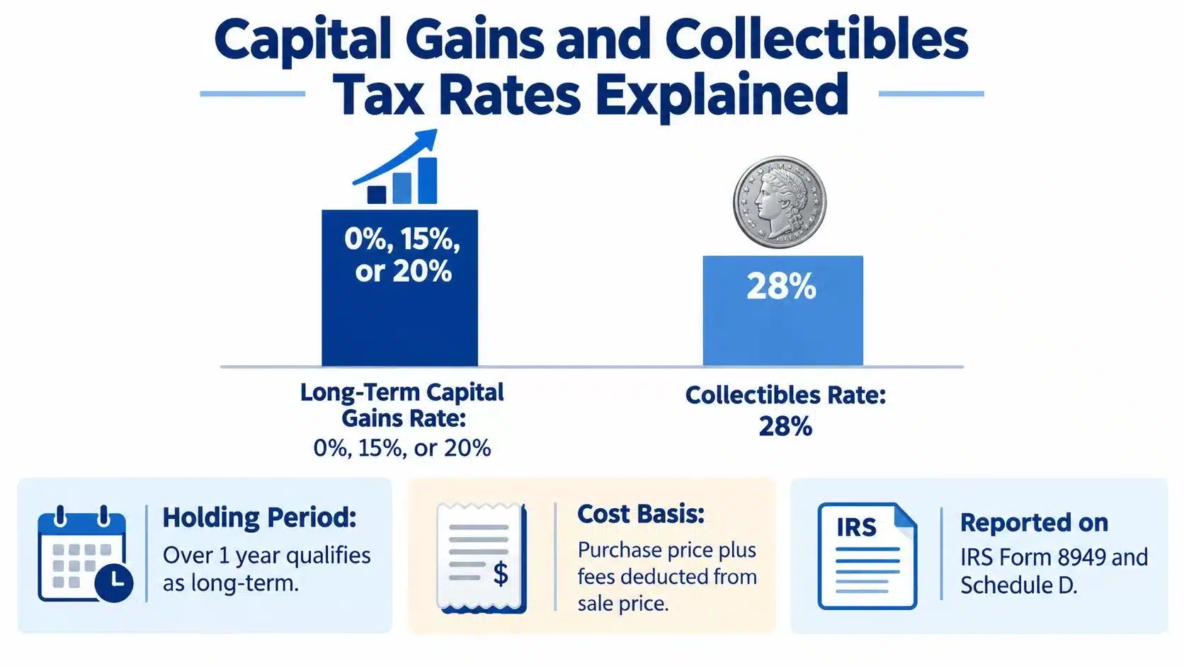 An infographic showing tax rates for long-term capital gains and collectibles, including reporting and cost basis details.