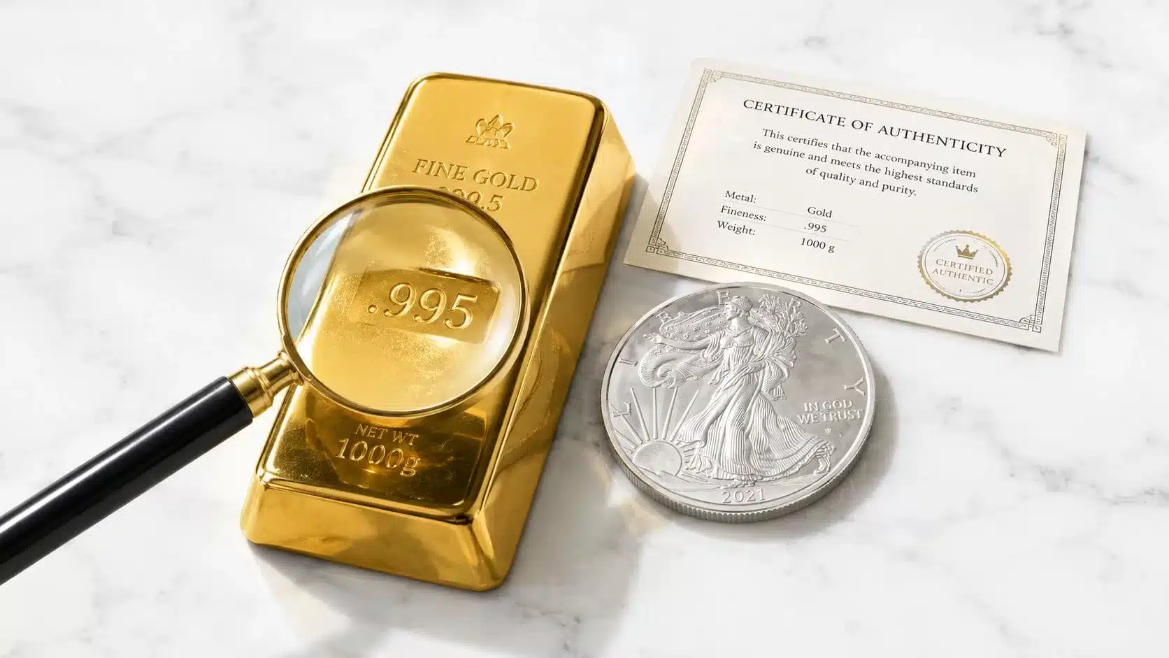 A gold bullion bar, a magnifying glass, and a silver coin displayed on a marble surface.