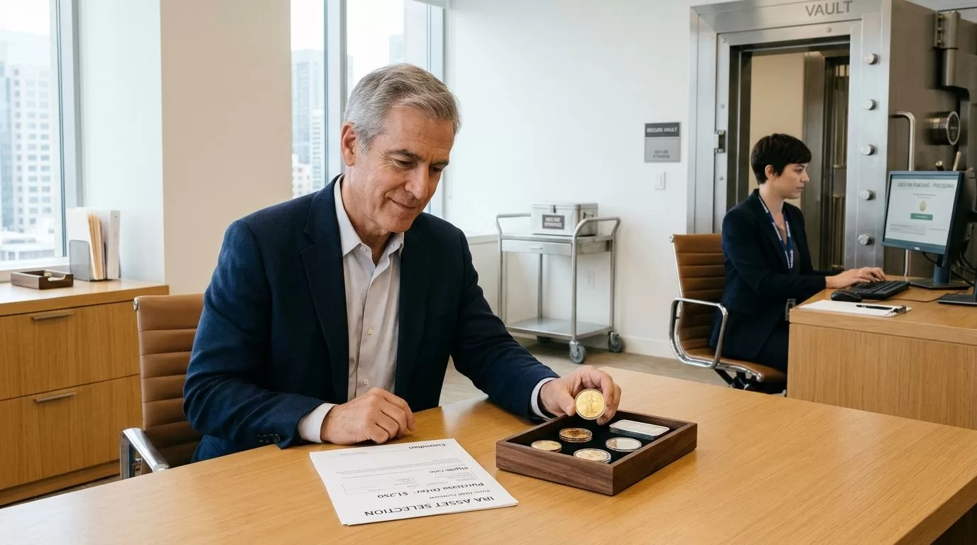A professional man in a business suit reviewing gold coins and investment documents inside a financial office.